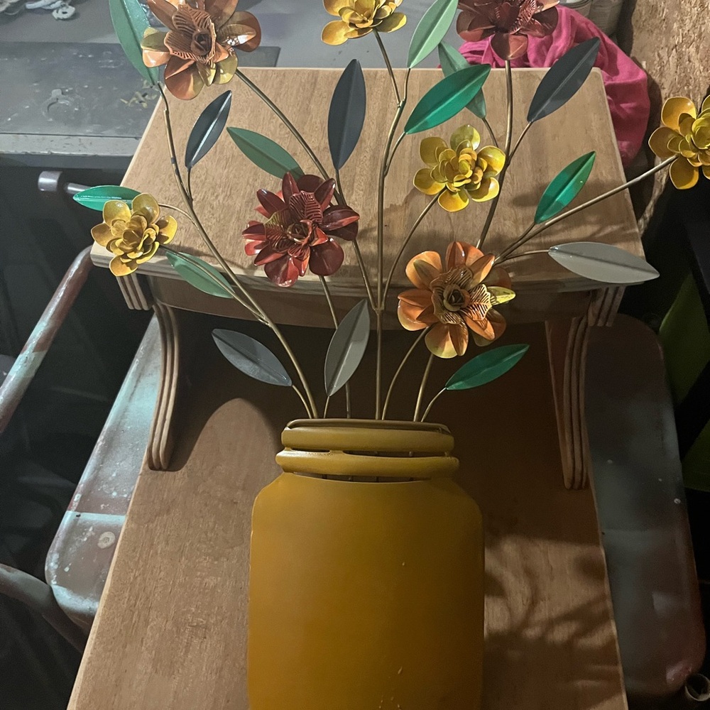 Hand painted Rustic Metal Flower Vase with Multicolor Blooms